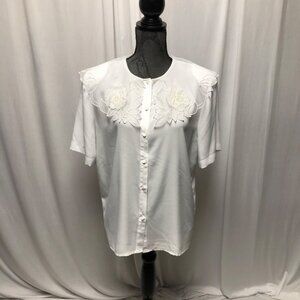 Kathy Che Blouse Womens Size 14 White Floral Embroidered Collar Shirt USA Made